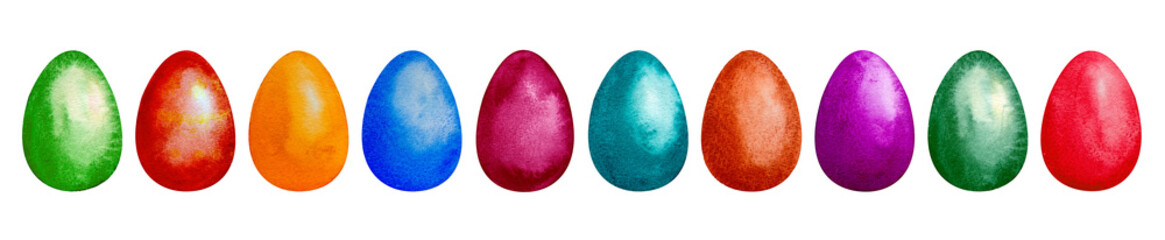 Watercolor set of hand drawn colored Easter eggs isolated on white background