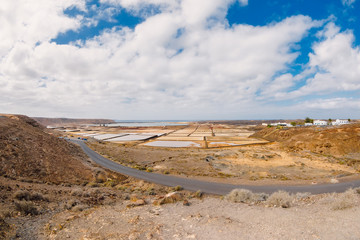Panorama of Salt fields in Lanzarote island, Spain