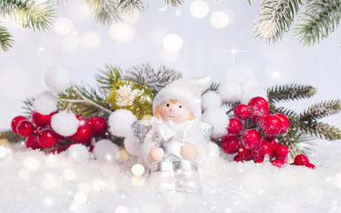 Merry Christmas and Happy New Year, Holidays greeting card with blurred bokeh background