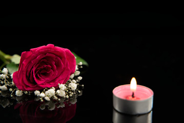 Fototapeta na wymiar Candle, red rose and white gypsophila with black background, copy space