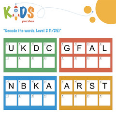 Decode the 4-letter words. Worksheet practice for preschool, elementary and middle school kids. Fun logic puzzle activity sheet.