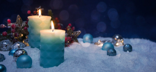 Merry Christmas and Happy New Year, Holidays greeting card with blurred bokeh background