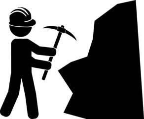 Miner with helmet using pickaxe or pick axe to hit rock, mine worker vector icon