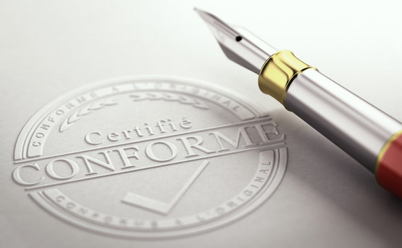 Illustration 3D d'un tampon certifi&eacute; conforme en relief. Certificat de conformit&eacute;.