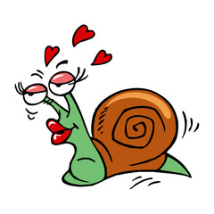 Snail lady in love sends air kiss, the power of love, valentine's day theme, color cartoon