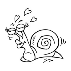 Snail lady in love sends air kiss, the power of love, valentine's day theme, black and white cartoon