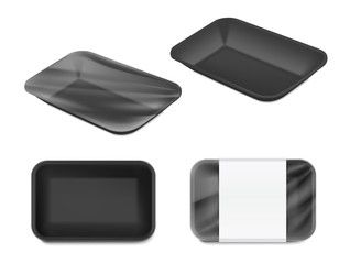 Black tray mockup container. Top, side, perspective view. Vector illustration isolated on white background. Template ready for your design. EPS10.	