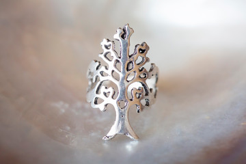 Metal silver color ring in the shape of tree on neutral background