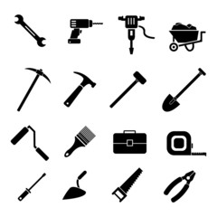 Obraz premium Work industry construction equipment tools vector icon set, pliers, hammer, toolbox, screwdriver and other icons