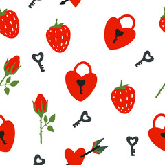 Red heart-shaped locks, keys and strawberries, scarlet rose, geometric seamless pattern on a white background, vector.