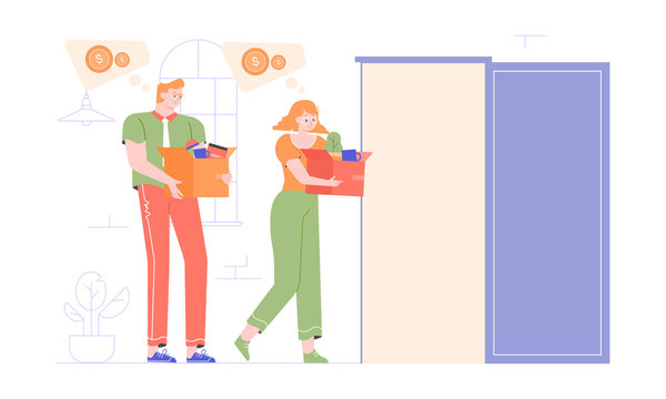 Sad man and woman lost their jobs. Colleagues leave with things from the office. Last business day. The global economic crisis. Reductions and layoffs. Unemployment. Vector flat illustration.