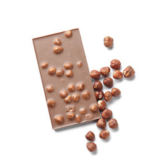 Sweet chocolate with nuts on white background