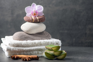 spa still life with towel and orchid  and aloe vera on gray cement background