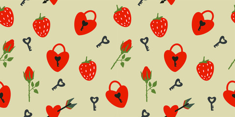 Red heart-shaped locks, keys and a strawberry, scarlet rose, geometric seamless pattern on a beige background, vector.