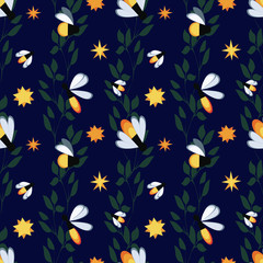 Seamless vector pattern with fireflies, branches,leaves and stars on a dark blue background.Child pattern for fabric,wrapping paper, textiles for bed linen and other materials.