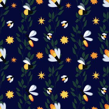 Seamless vector pattern with fireflies, branches,leaves and stars on a dark blue background.Child pattern for fabric,wrapping paper, textiles for bed linen and other materials.