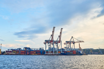 Fototapeta na wymiar Cargo container terminal of sea freight industrial port. Lifting cargo cranes