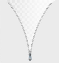 Zipper concept as an open interlocking metal fastener on clothing or garment textile as a symbol for revealing a message or discovery isolated on a white blank background. © YURII