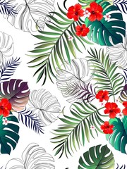 Vector tropical pattern with hibiscus flowers and exotic palm leaves. Trendy summer background. Summer floral illustration.