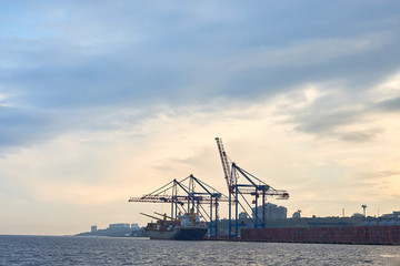 Fototapeta na wymiar Cargo container terminal of sea freight industrial port. Lifting cargo cranes