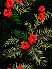 Foto op Canvas Vector tropisch patroon met hibiscus bloemen en exotische palmbladeren. Trendy zomer achtergrond. Zomer bloemen illustratie. © Logunova  Elena