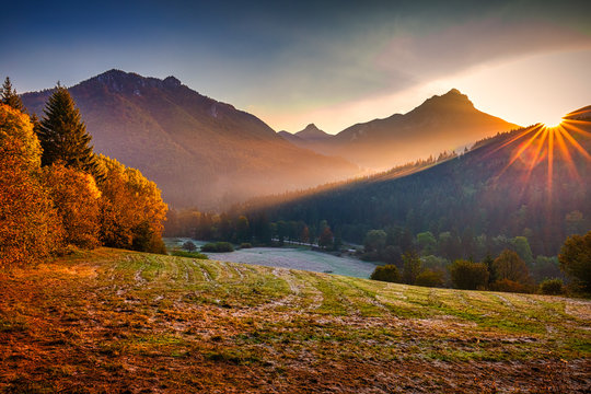 Autumn mountain landscape in the morning at sunrise. Mala Fatra National Park, Slovakia, Europe.