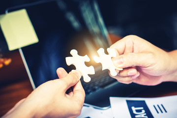 Partnership with puzzle jigsaw perfect fit match teamwork support build dream team. Join strategy...