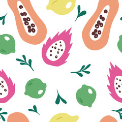 Vector seamless pattern with cute tropical fruits isolated on white background. Papaya, dragon fruit, lemon & lime fruits doodles. Freehand drawing on south east asian healthy dessert, smoothie, juice