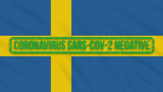 Swedish swaying flag with a green stamp of freedom from coronavirus, loop.