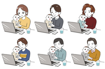 子供の世話をしながらテレワークをする社員