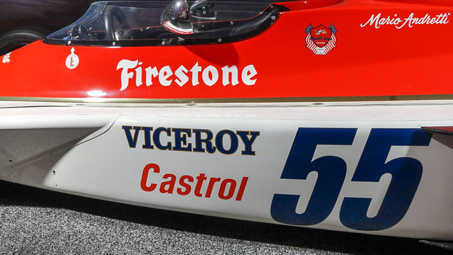Firestone, Viceroy, and Castrol brand names in race car
