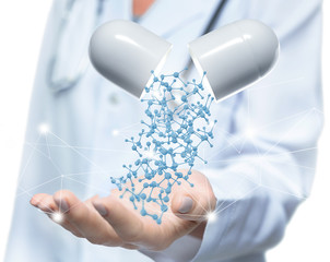 Female doctor offering opened capsul pill with falling out molecule cells