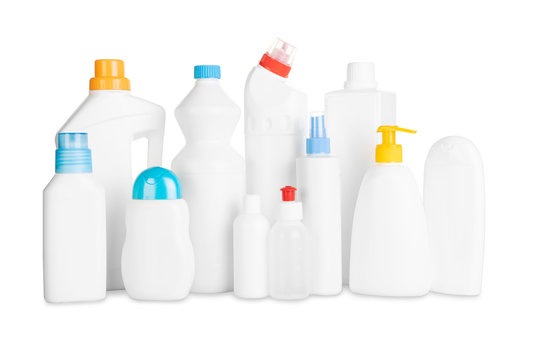 Detergent bottles and chemical cleaning supplies isolated on white background, included clipping path