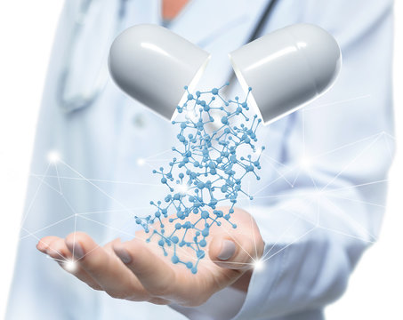 Female doctor offering opened capsul pill with falling out molecule cells