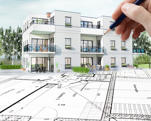 Concept dessin 3D d'un petit immeuble résidence moderne avec balcon et jardin