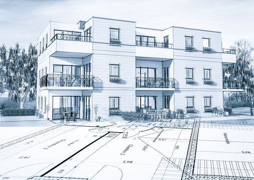 Esquisse 3D avec plan d'un petit immeuble résidence moderne avec balcon et jardin