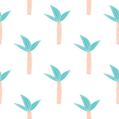 Hand drawn green coconut palm tree wallpaper. Geometric tropical palm tree seamless pattern on white background. Jungle foliage vector illustration. Design for fabric, textile print, wrapping paper