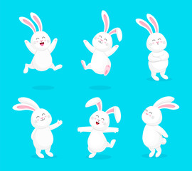 Set of  white rabbits in different pose and expression. Happy Easter day, cartoon character design. Vector illustration isolated on blue background.