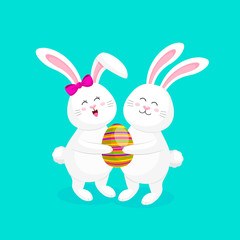 White rabbit with Easter eggs. Cute bunny. Cartoon character design,  vector illustration isolated on blue background.
