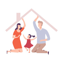 Parents and Their Daughter at Home, Happy Father and Mother Holding Up the Roof Frame Vector Illustration