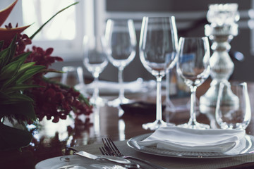 Elegance luxury restaurant empty close shutdown no customers during coronavirus quarantine lockdown. Food fine dining business in crisis finance bankruptcy. Cancel events celebration party wedding
