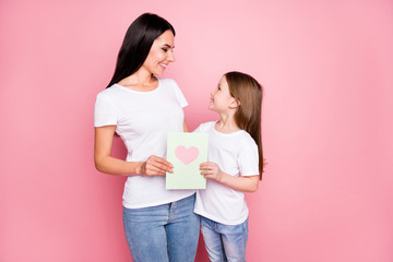 Photo of pretty young mommy little daughter hold 8 march postcard cardiac feelings hugging look...