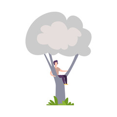 Young Man Sitting on Tree Branch, Guy Hiding in Tree Crown Vector Illustration