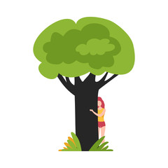 Girl Hugging Old Tree Trunk, Young Woman Peeking Behind Green Tree Vector Illustration