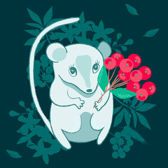 Cutie mouse holds in its paws mountain ash on a green background. Greeting card. Cartoon mice. Cute mice set.
