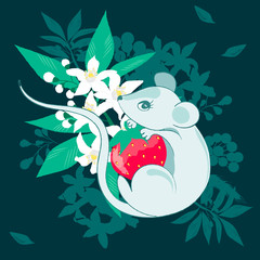 Cutie mouse hugs strawberries on a green background. Greeting card. Cartoon mice. Cute mice set.