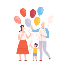 Happy Family with Colorful Balloons, Mother, Father and their Son Walking Together or Celebrating Holiday Vector Illustration