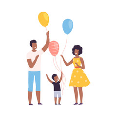 Happy African American Family with Colorful Balloons, Smiling Mother, Father and their Son Walking Together or Celebrating Holiday Vector Illustration
