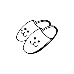 Cute hand-drawn slippers with an attractive face in doodle style. Linear illustration. Vector image.