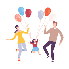 Happy Family Jumping with Colorful Balloons, Mother, Father and their Daughter Celebrating Holiday Vector Illustration